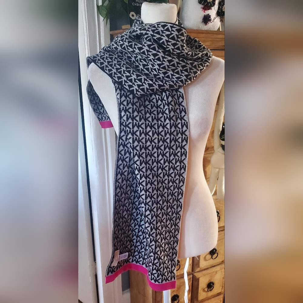 Michael Kors Monogram Black and White Scarf with Pink Edges